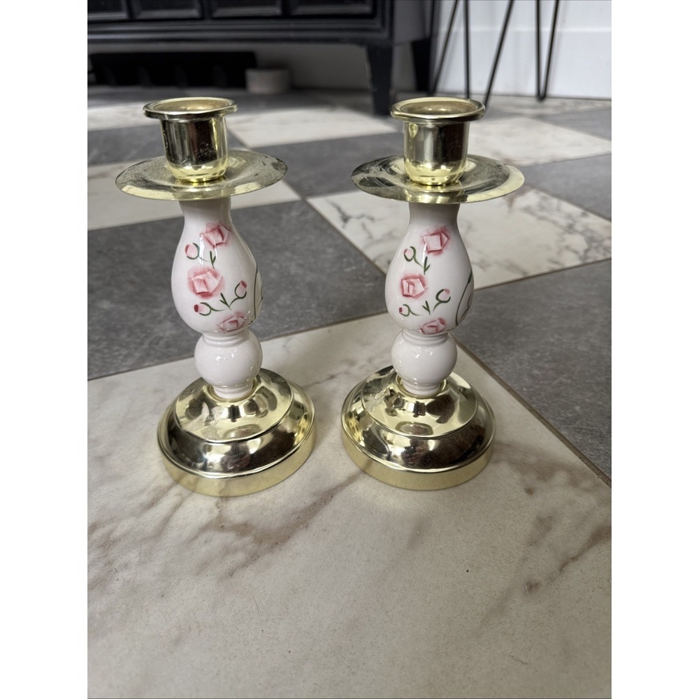 NEW Vintage Home Interiors Gold Ceramic Pink Rose Candlestick Holders Set 2